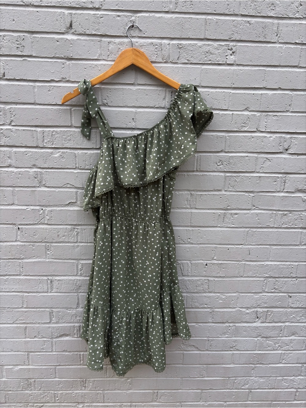 Davi & Dani Polka Dot One-Shoulder Ruffle Dress - Olive Green